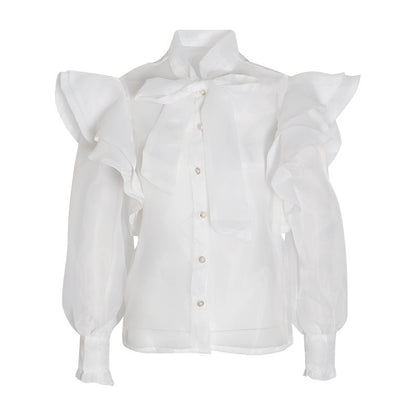 Sweet Wind Bow Tie Long-sleeved Shirt Women With Ruffles