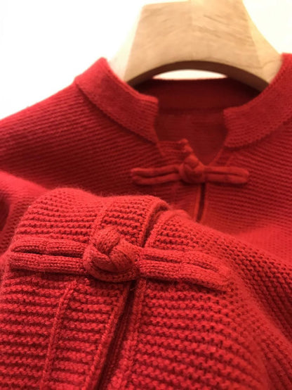 Chinese Red New Chinese Style Buckle Knitted Cardigan Sweater For Women