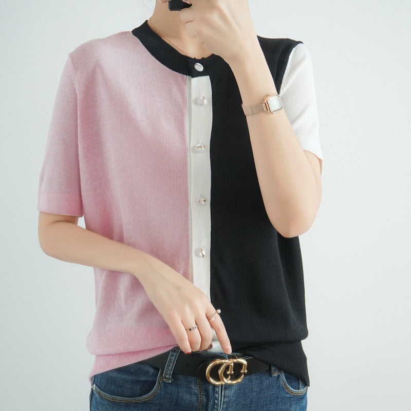 Color Block V-neck Air-conditioning Shirt Solid Color Short Coat Top