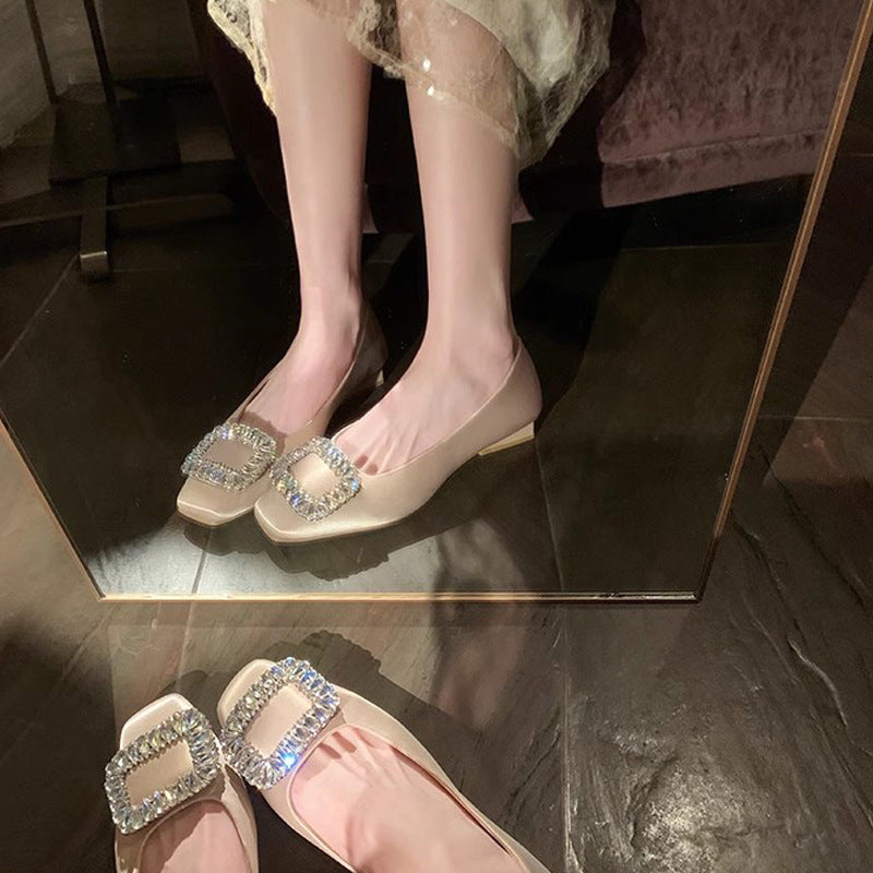 Rhinestone Square Toe Low-cut Silver Flat Bottom Pumps