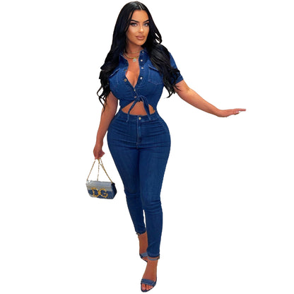 Slim Fit Fashion Short Sleeve Denim Jumpsuit