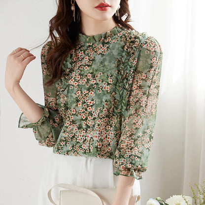 Women's Long Sleeved New Chiffon Printed Top Westernized Small Shirt