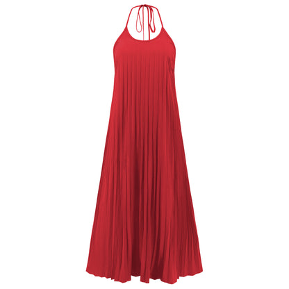 Fashion A-line Pleated Suspender Long Dress Summer Casual Loose Beach Vacation Dresses Womens Clothing