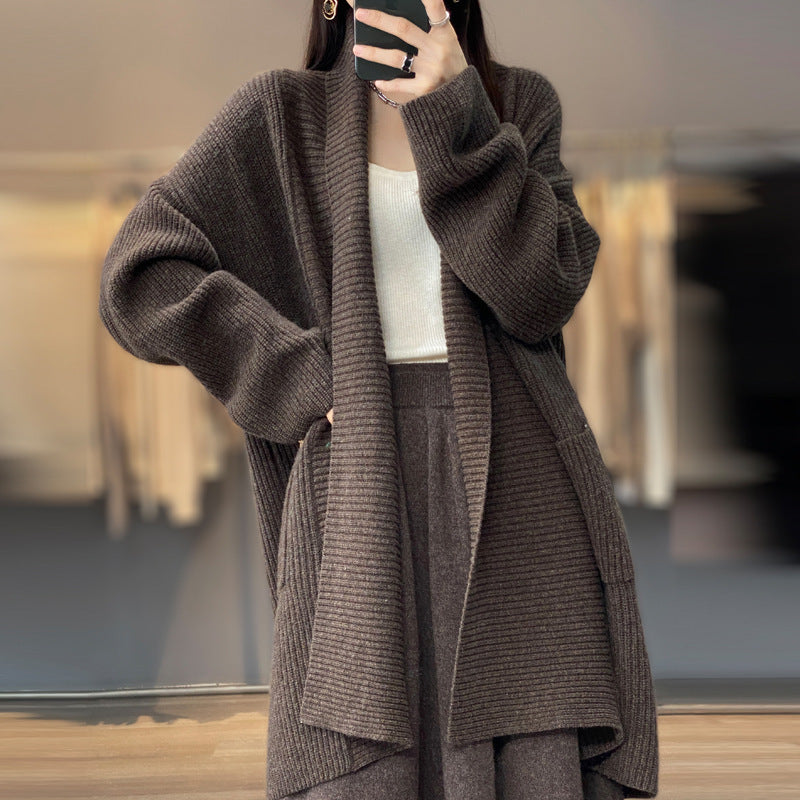 Women's Fashion Temperament Lapel Thickening Solid Color Sweater Coat