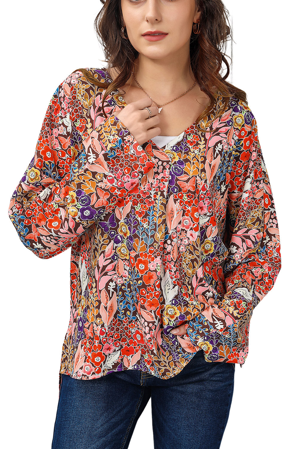 Blusa de manga larga con cuello en V y estampado floral de Double Take