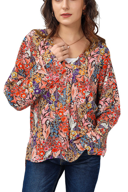 Double Take Floral V-Neck Long Sleeve Blouse