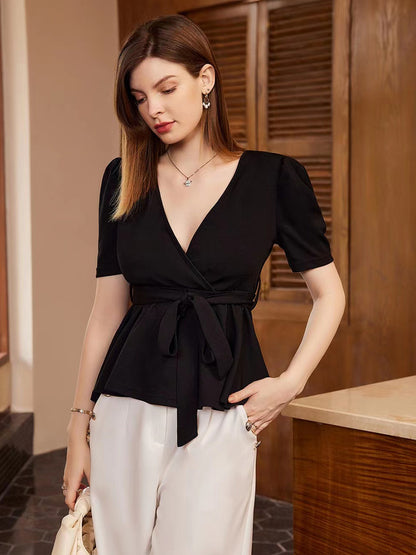 Surplice Neck Tie Waist Puff Sleeve Blouse