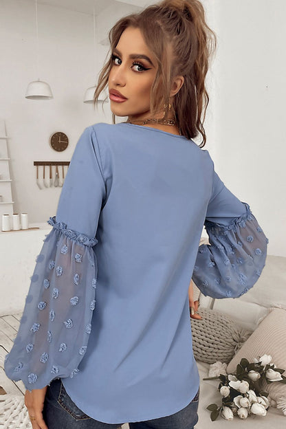 Swiss Dot Balloon Sleeve V-Neck Blouse