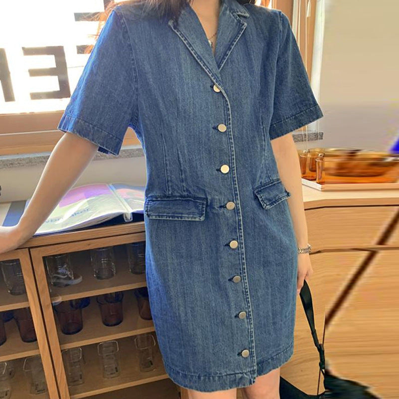 Women's Loose Double Pocket Small Short Sleeve Denim Dress