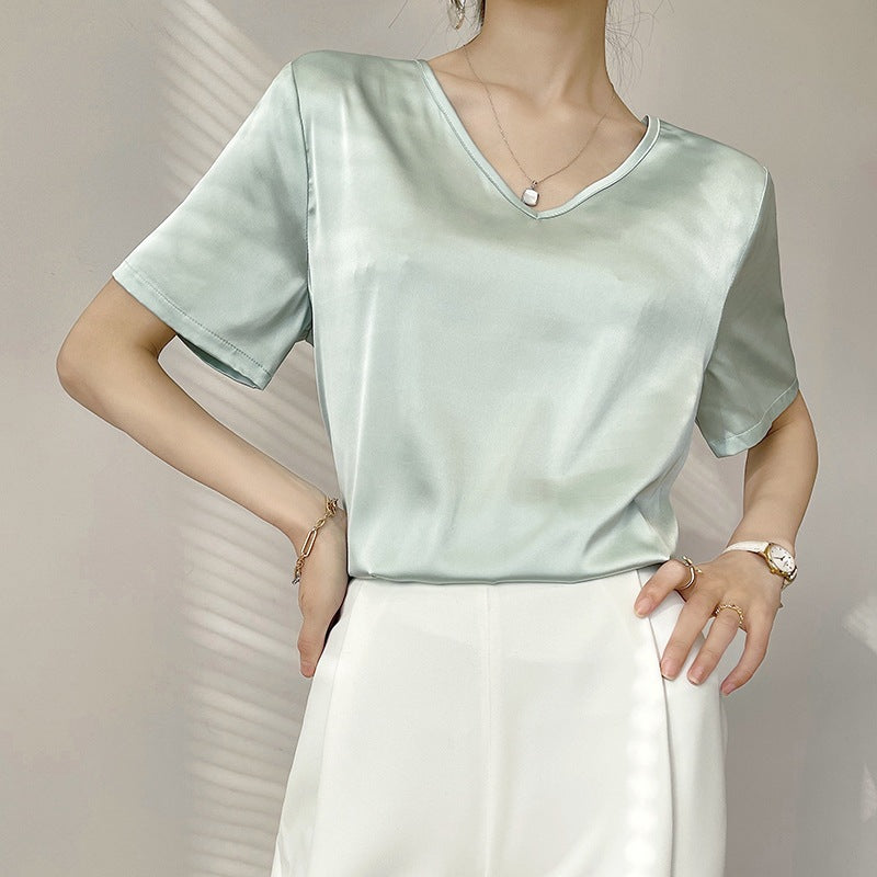 Short Sleeve Loose V-neck Satin Bottoming Solid Color Inner Wear Suit Top