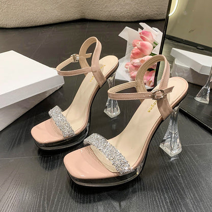 Sandalias casuales de moda con tacón grueso y tacón muy alto con hebilla y correa transparente con diamantes de imitación