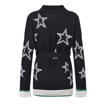 Design Sense Waist-controlled Lace-up Star Printed Knitted Cardigan Sweater