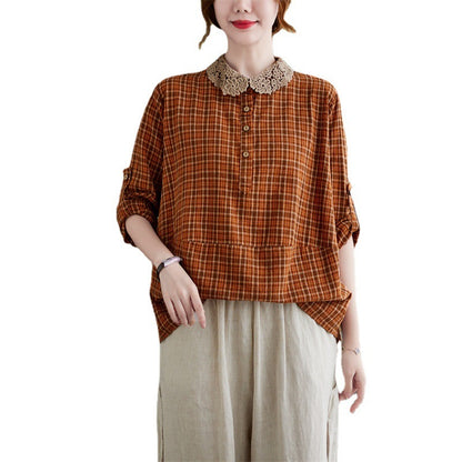 Ladies Loose Cotton And Linen Checkered Shirt