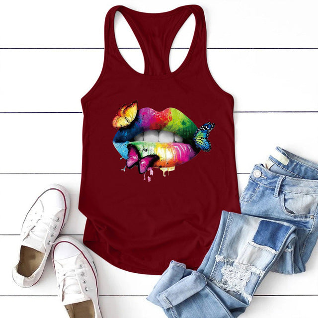 Multicolored Lips Butterflies Printed Tank Top Women