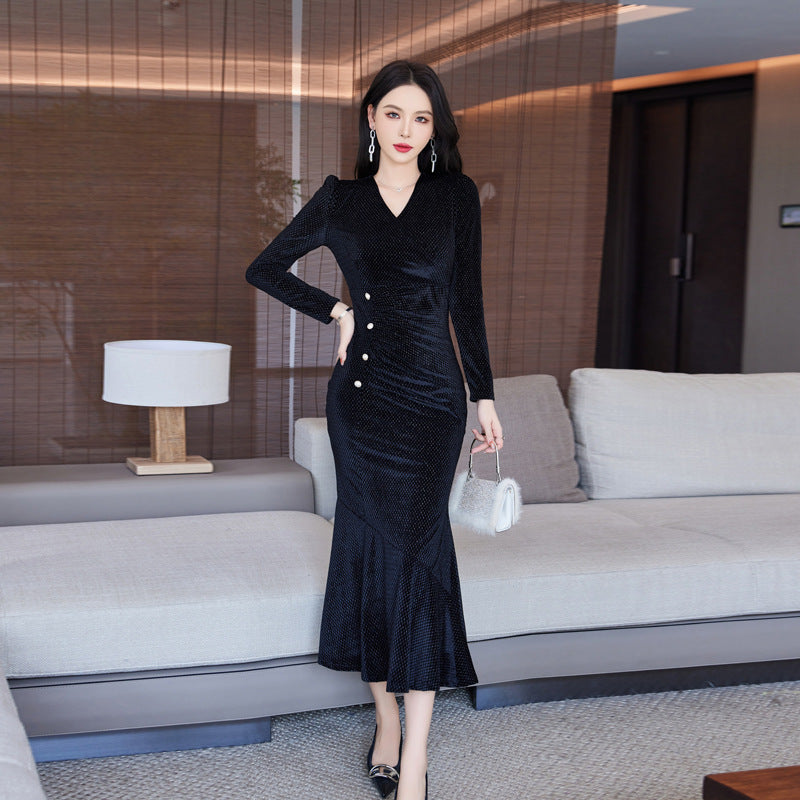 Long Sleeve Temperament Waist-controlled V-neck Mid-length Slim-fit Slimming Dress