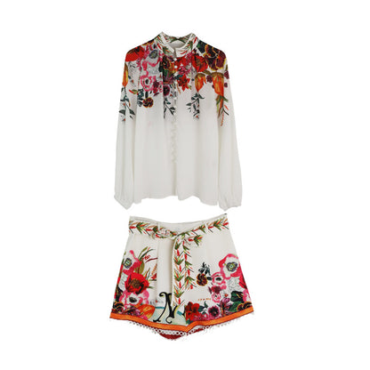 Printed Lantern Sleeve Shirt High Waist Wide Leg Slimming Shorts