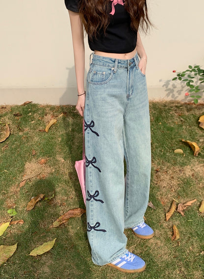 Butterfly Embroidered Jeans Wide-leg Pants For Women