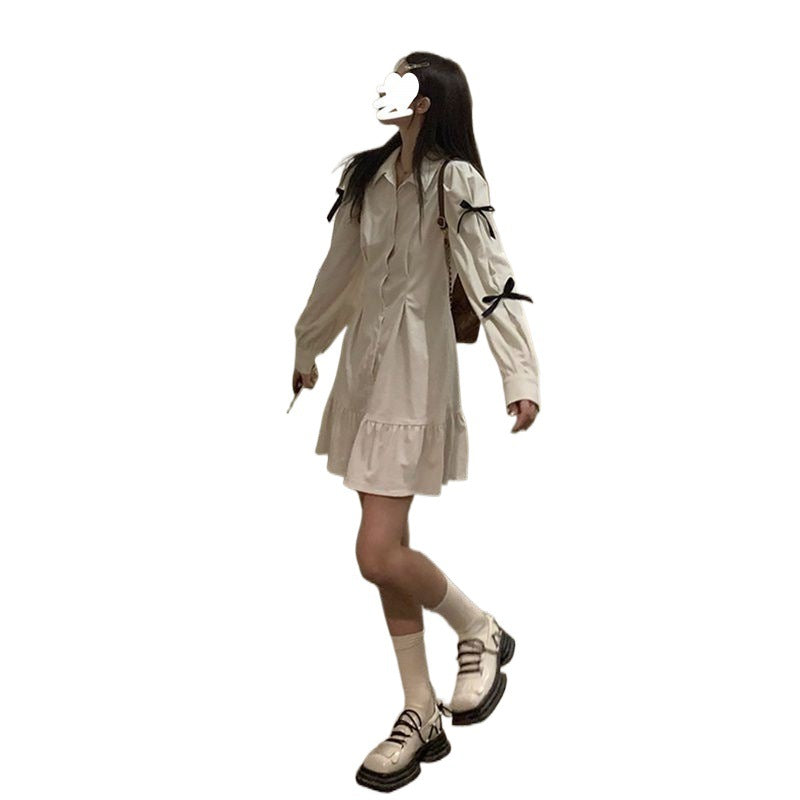 Bow Shirt Dress Women Polo Collar White Long Sleeve Short Dress