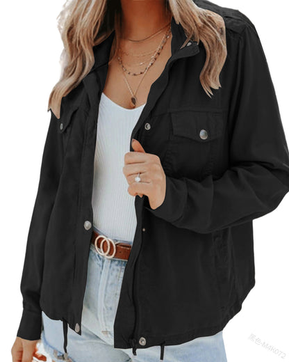 Polo Collar Zipper Hidden Hook Long Sleeve Pocket Drawstring Jacket Coat