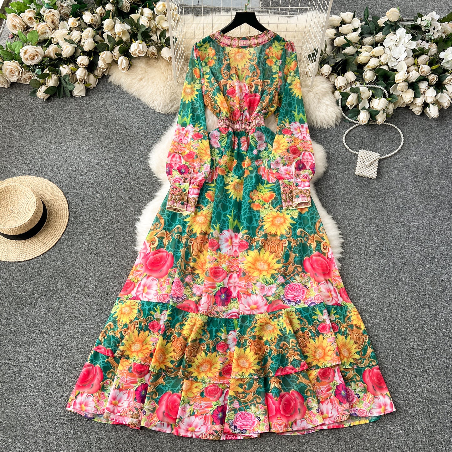 Niche Ruffled Long Version Advanced Sense V-neck Dress