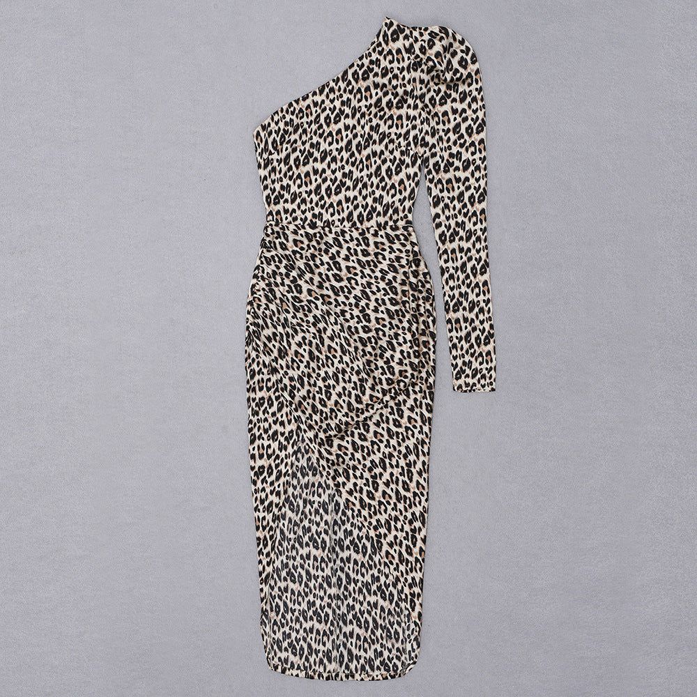 Shoulder Long Sleeve Leopard Print Slim-fit Tight Split Sheath Dress