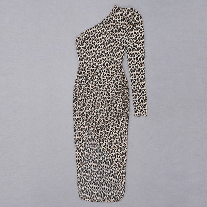 Shoulder Long Sleeve Leopard Print Slim-fit Tight Split Sheath Dress