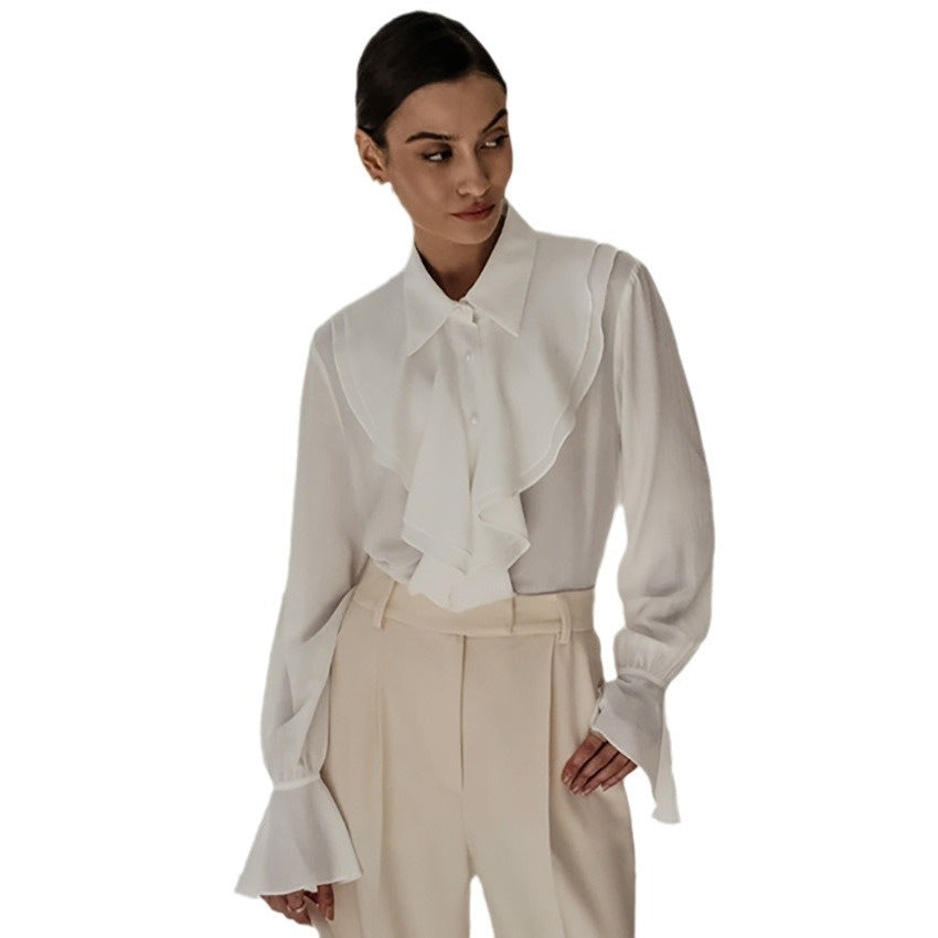 White Lapel Puff Sleeve Ruffled Elegant French Shirt