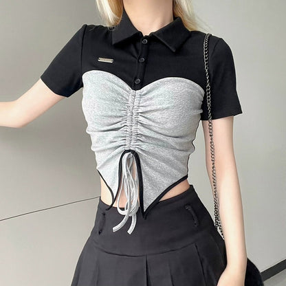 Polo Collar Contrast Panel Drawstring Pleated Top