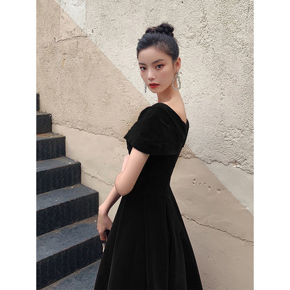 Black Slimming Off-shoulder Long Banquet Temperament Evening Dress