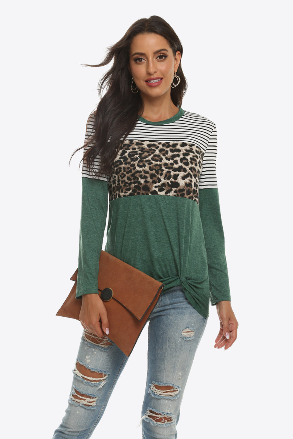 Mixed Print Gathered Detail Long Sleeve Top