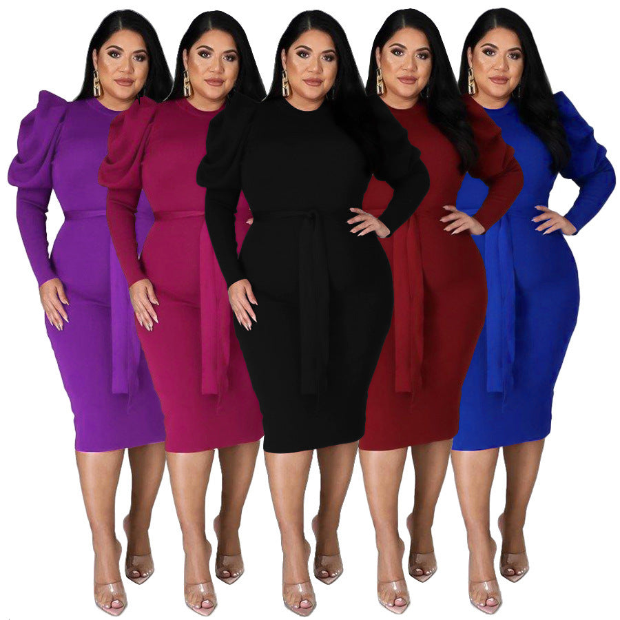 Women's Long Sleeve Belt Slim Fit Plus Size Dress