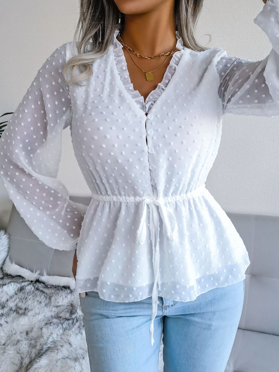 Swiss Dot Frill Trim Drawstring Waist Peplum Blouse