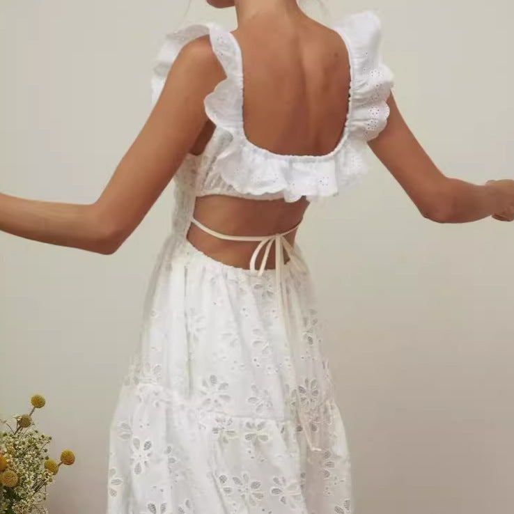 Vestido con tirantes blanco ahuecado para mujer