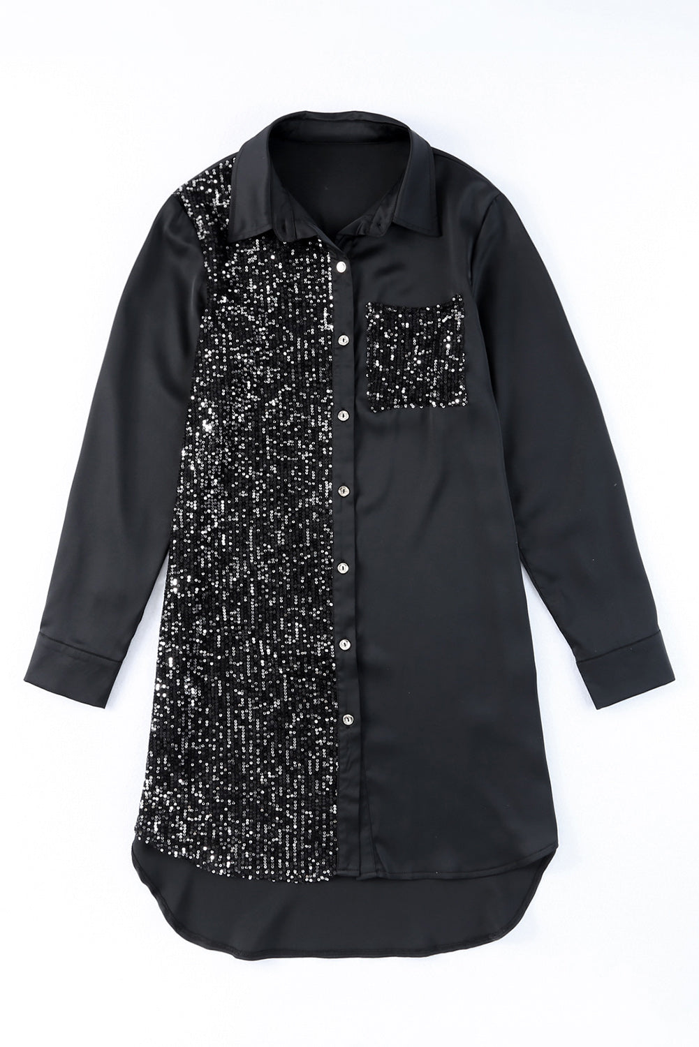 Robe chemise boutonnée noire à paillettes et poche