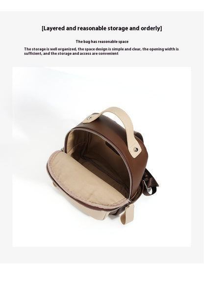 Retro Simple Color Contrast Patchwork Genuine Leather Women's Backpack Commuter Lightweight Soft Cowhide