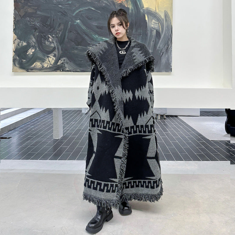 Niche Tassel Sweater Coat Lazy Winter Loose Knitted Cardigan Long-cut Coat