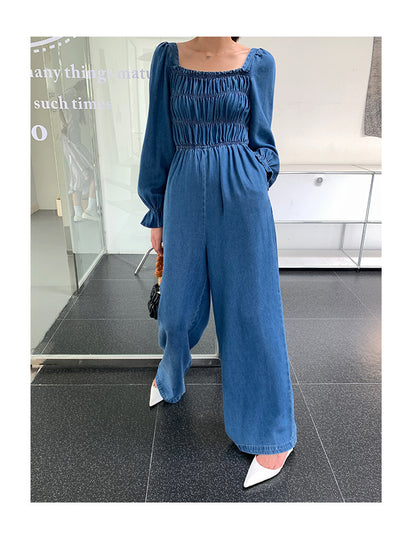 Women's Design Smocked Square Neck Denim Jumpsuit