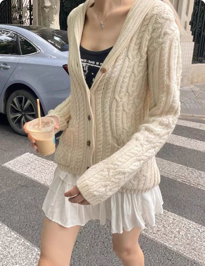 Idle Style Padded Lapel Cable-knit Sweater Bm Sweater For Women