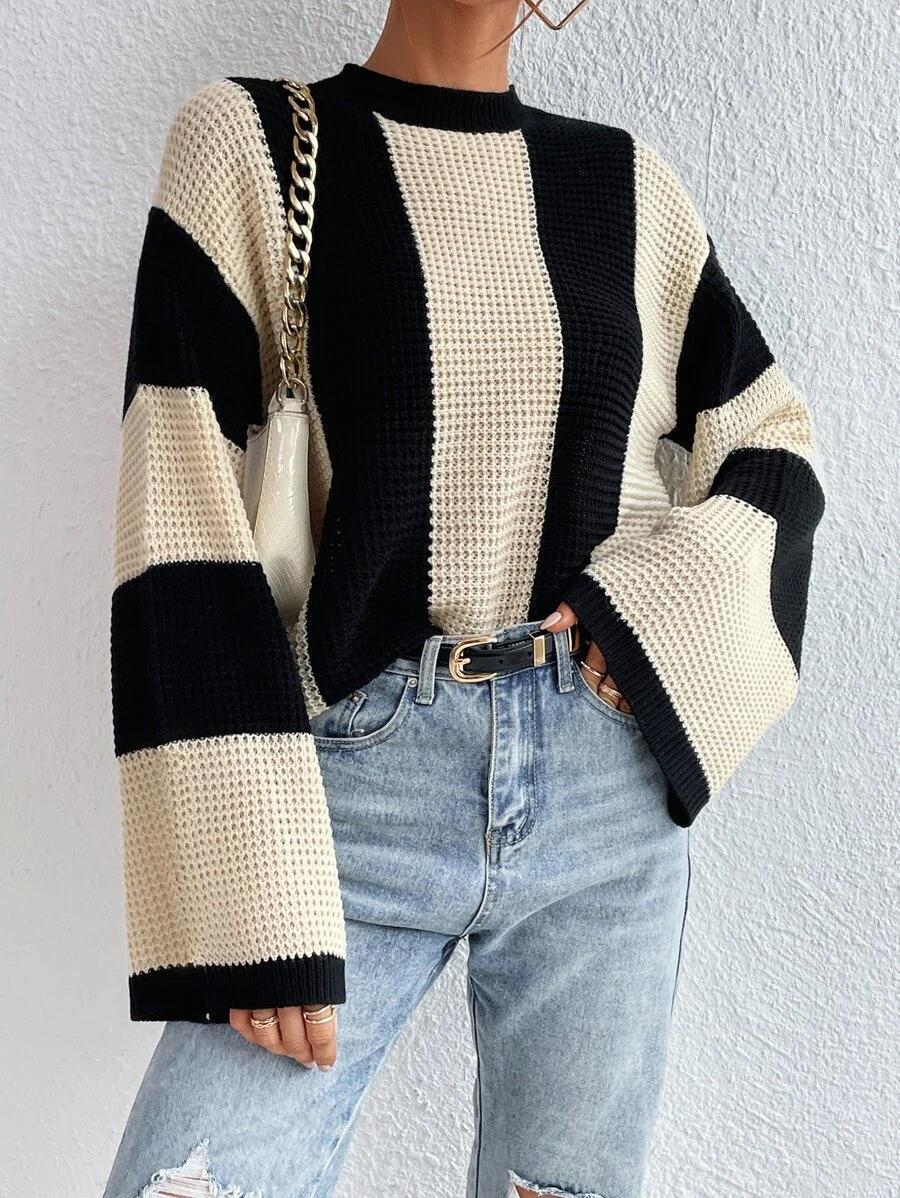 Pull tricoté rayé à col rond pour femme