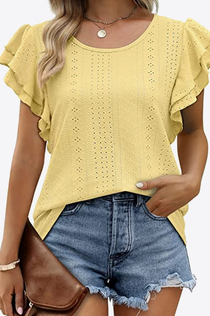 Round Neck Layered Flutter Sleeve Blouse