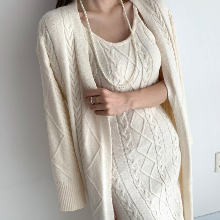 Linen Pattern Cardigan Sweater, Knitted Suspender Dress Inside