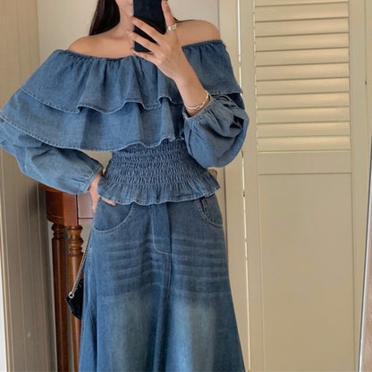 Retro Off-shoulder Waist-controlled Top Large Swing Denim Skirt