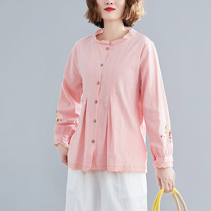 Oversized Embroidered Lace Neck Long Sleeve Shirt