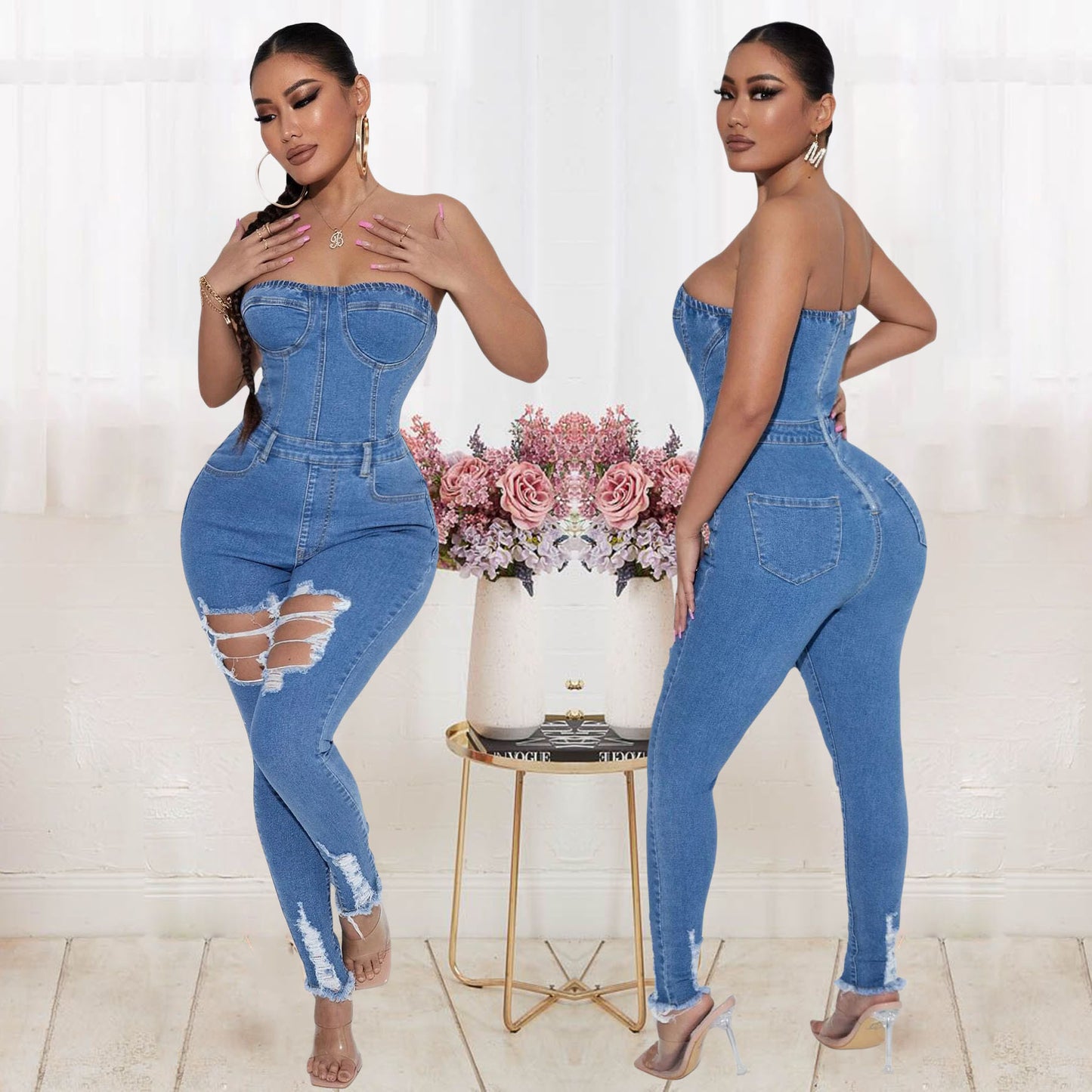 Women's Tube Top Slim Fit Denim Jumpsuit