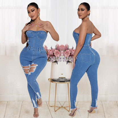 Women's Tube Top Slim Fit Denim Jumpsuit