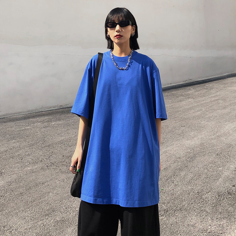 Oversize Plain Casual Round Neck T-shirt Cotton Short Sleeve