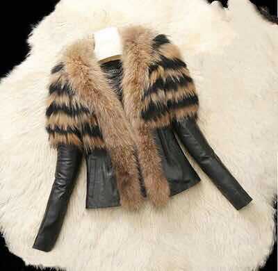 Faux Fur Slim Fit PU Leather  Fluffy coat