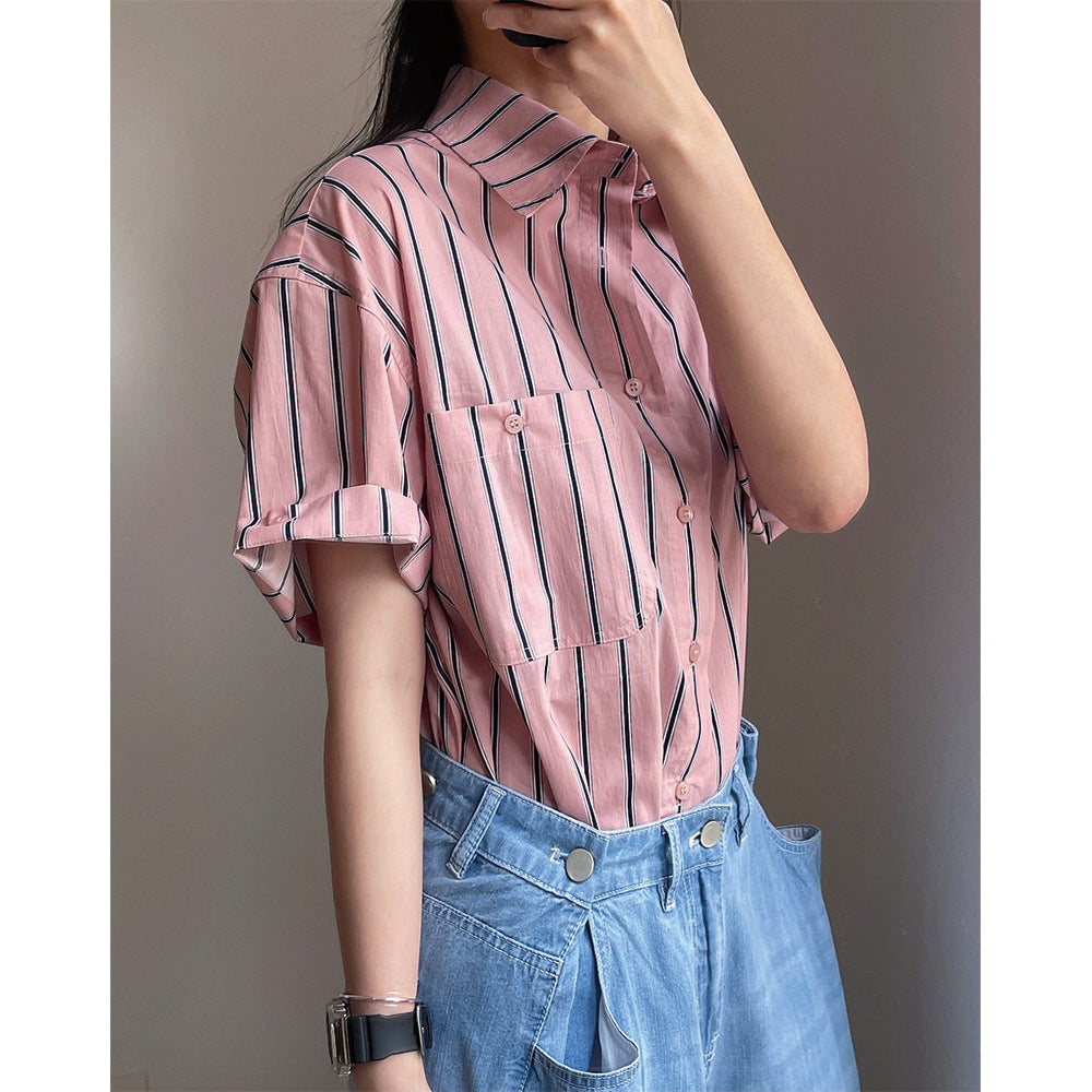 New Literary Retro Lapel Striped Short-sleeved Shirt Loose And Thin