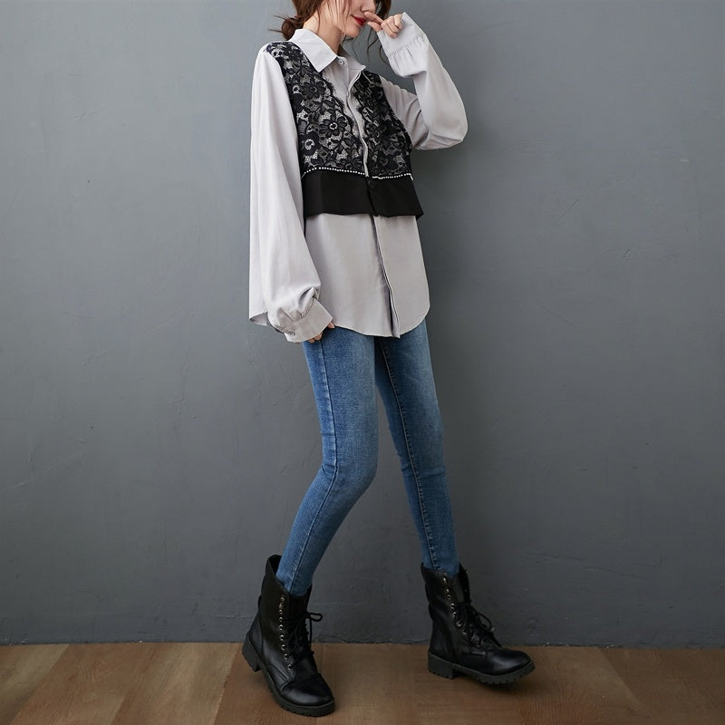 Lace Stitching Western Style Loose Long Sleeves