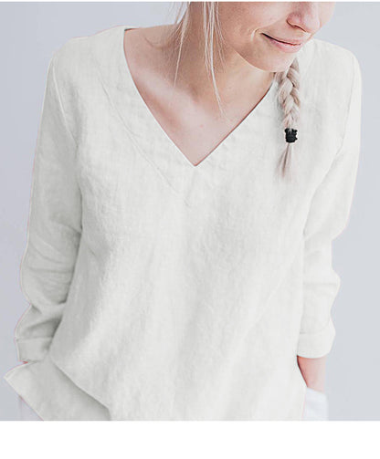 Women's Pure Linen V Neck Long Sleeve Top